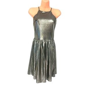 AQUA Lamé Look Pewter Gray Stretchy Cocktail Party Prom Halter Short Dress